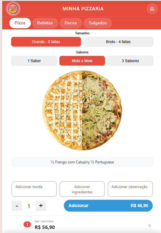 App do cliente no celular: montagem de pizza meio a meio